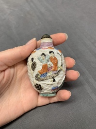 Two Chinese famille rose molded snuff bottles with figural design, Qianlong mark, 19th C.