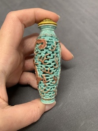 A Chinese moulded turquoise-ground famille rose 'dragon and phoenix' snuff bottle, 19th C.