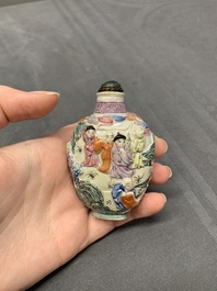 Two Chinese famille rose molded snuff bottles with figural design, Qianlong mark, 19th C.