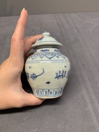 Five Chinese blue and white jarlets and three russet-splashed Longquan celadon jarlets, Yuan/Ming