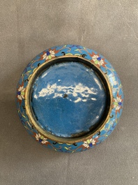 A Chinese enamelled silver incense burner, a covered opium box, a square box and a cloisonn&eacute; covered box, 19/20th C.