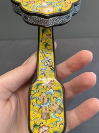 A Chinese Beijing enamel yellow-ground 'bajixiang' ruyi sceptre, Qianlong mark, 19/20th C.