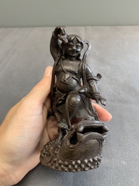 A rare Chinese bronze incense burner and cover in the shape of Liu Hai and a three legged toad, Ming