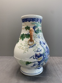A Chinese famille rose 'hu' vase with figural design, Jiaqing mark, 19/20th C.