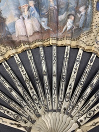 Three folding fans, water colour on paper and bone, France, 18th C.