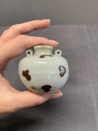 Five Chinese russet-splashed Longquan celadon jarlets, Song/Yuan