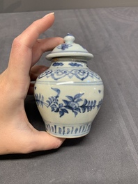 Five Chinese blue and white jarlets and three russet-splashed Longquan celadon jarlets, Yuan/Ming
