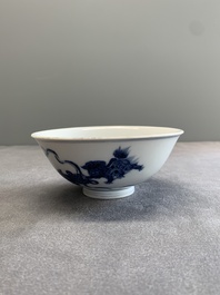 A Chinese blue and white 'Buddhist lion' bowl, Yongzheng mark and period