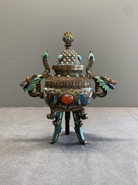 A Chinese enamelled silver incense burner, a covered opium box, a square box and a cloisonn&eacute; covered box, 19/20th C.