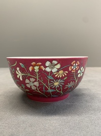 A Chinese famille rose ruby-ground 'peony' bowl, Yongzheng mark, 19/20th C.