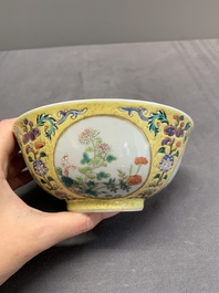 A Chinese blue, white and famille rose bowl with floral design, Qianlong mark, 19/20th C.