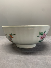 A Chinese famille rose 'pseudo-tobacco leaf' dish, a bowl and a blue and white gilt-decorated jug, Qianlong