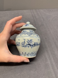Five Chinese blue and white jarlets and three russet-splashed Longquan celadon jarlets, Yuan/Ming