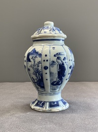 A Chinese blue and white 'landscape' mustard jar and cover, Transitional period