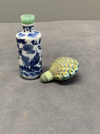 A Chinese blue and white 'dragon' snuff bottle and a polychrome 'peacock' snuff bottle, Yongzheng mark, 19/20th C.