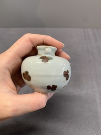 Five Chinese russet-splashed Longquan celadon jarlets, Song/Yuan