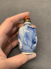 Two Chinese blue and white 'riders on horseback' snuff bottles, Yongzheng mark, 19th C.