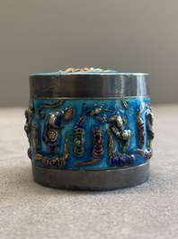 A Chinese enamelled silver incense burner, a covered opium box, a square box and a cloisonn&eacute; covered box, 19/20th C.