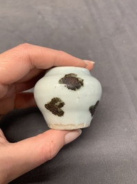 Five Chinese blue and white jarlets and three russet-splashed Longquan celadon jarlets, Yuan/Ming
