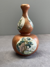 A Chinese famille rose coral-red-ground 'landscape' gourd vase, Qianlong mark, Republic