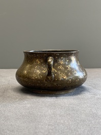 A Chinese gold-splashed bronze censer, Xuande mark, 18/19th C.