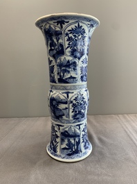 Two Chinese blue and white 'gu' vases with landscape and floral panels, Kangxi