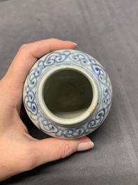 Five Chinese blue and white jarlets and three russet-splashed Longquan celadon jarlets, Yuan/Ming