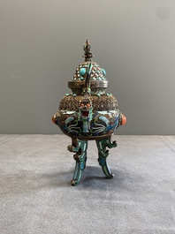 A Chinese enamelled silver incense burner, a covered opium box, a square box and a cloisonn&eacute; covered box, 19/20th C.