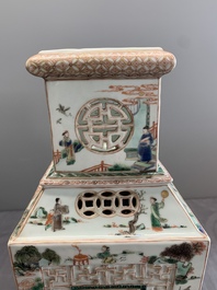 An extremely rare Chinese blue, white and famille verte openworked double-walled vase with figural design, 19th C.