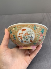 A pair of Chinese famille rose pink-ground 'antiquities' bowls, Zhengde mark, 19th C.