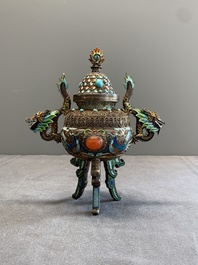 A Chinese enamelled silver incense burner, a covered opium box, a square box and a cloisonn&eacute; covered box, 19/20th C.