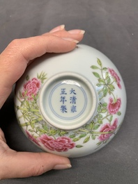 A Chinese famille rose 'peony and bamboo' bowl, Yongzheng mark, 20th C.