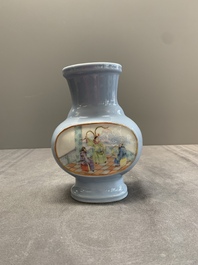 A Chinese famille rose lavender-ground vase with narrative design, Yongzheng mark, Republic