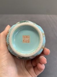 A Chinese famille rose turquoise-ground 'hu' vase and a 'ladies' bowl, Qianlong mark, Republic