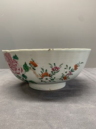 A Chinese famille rose 'pseudo-tobacco leaf' dish, a bowl and a blue and white gilt-decorated jug, Qianlong
