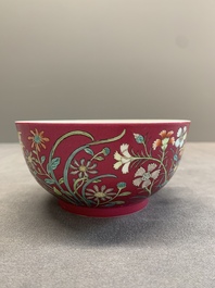 A Chinese famille rose ruby-ground 'peony' bowl, Yongzheng mark, 19/20th C.