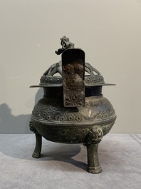 Two Chinese archaistic bronze censers, one with cover, 'ding 鼎', Song/Yuan