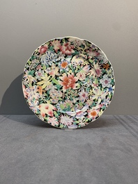 A Chinese famille rose 'millefleurs' dish and two plates, Qianlong and Jiu Jiang Jin Hua 九江錦華 mark, 20th C.