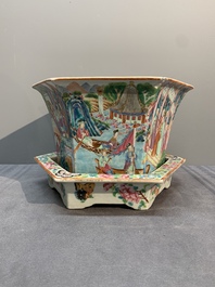 A Chinese Canton famille rose hexagonal jardini&egrave;re and stand with narrative design, 19th C.