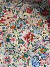 A Chinese famille rose 'millefleurs' dish and two plates, Qianlong and Jiu Jiang Jin Hua 九江錦華 mark, 20th C.