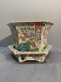 A Chinese Canton famille rose hexagonal jardini&egrave;re and stand with narrative design, 19th C.