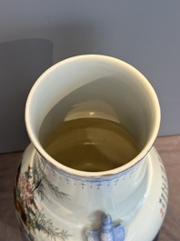 A Chinese famille rose 'quails' 'hu' vase, signed Xiong Mengting 熊夢亭, dated 1969