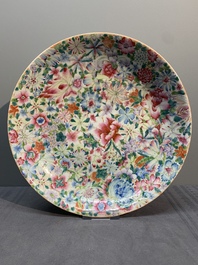 A Chinese famille rose 'millefleurs' dish and two plates, Qianlong and Jiu Jiang Jin Hua 九江錦華 mark, 20th C.
