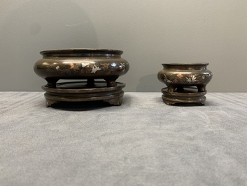 Two Vietnamese silver-inlaid bronze censers on stand, Đức Từ 德祠 mark, 19th C.