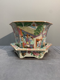A Chinese Canton famille rose hexagonal jardini&egrave;re and stand with narrative design, 19th C.