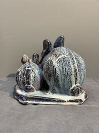 A Chinese Shiwan flamb&eacute; group of two rabbits, Cao Wenxuan 曹文選 and Jing De Zhen Zhi 景德鎮制 seal marks, 1st half 20th C.