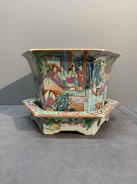 A Chinese Canton famille rose hexagonal jardini&egrave;re and stand with narrative design, 19th C.