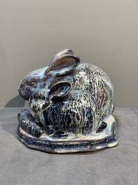 A Chinese Shiwan flamb&eacute; group of two rabbits, Cao Wenxuan 曹文選 and Jing De Zhen Zhi 景德鎮制 seal marks, 1st half 20th C.