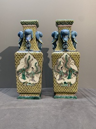 A pair of rectangular Chinese famille verte 'elephant' vases, 19th C.