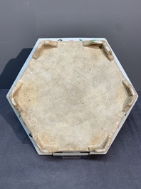 A Chinese Canton famille rose hexagonal jardini&egrave;re and stand with narrative design, 19th C.